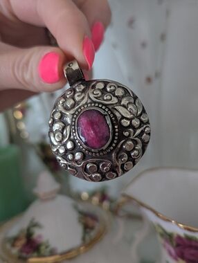 Large Silver Floral Scroll Pendant Necklace Ruby Pink Stone
